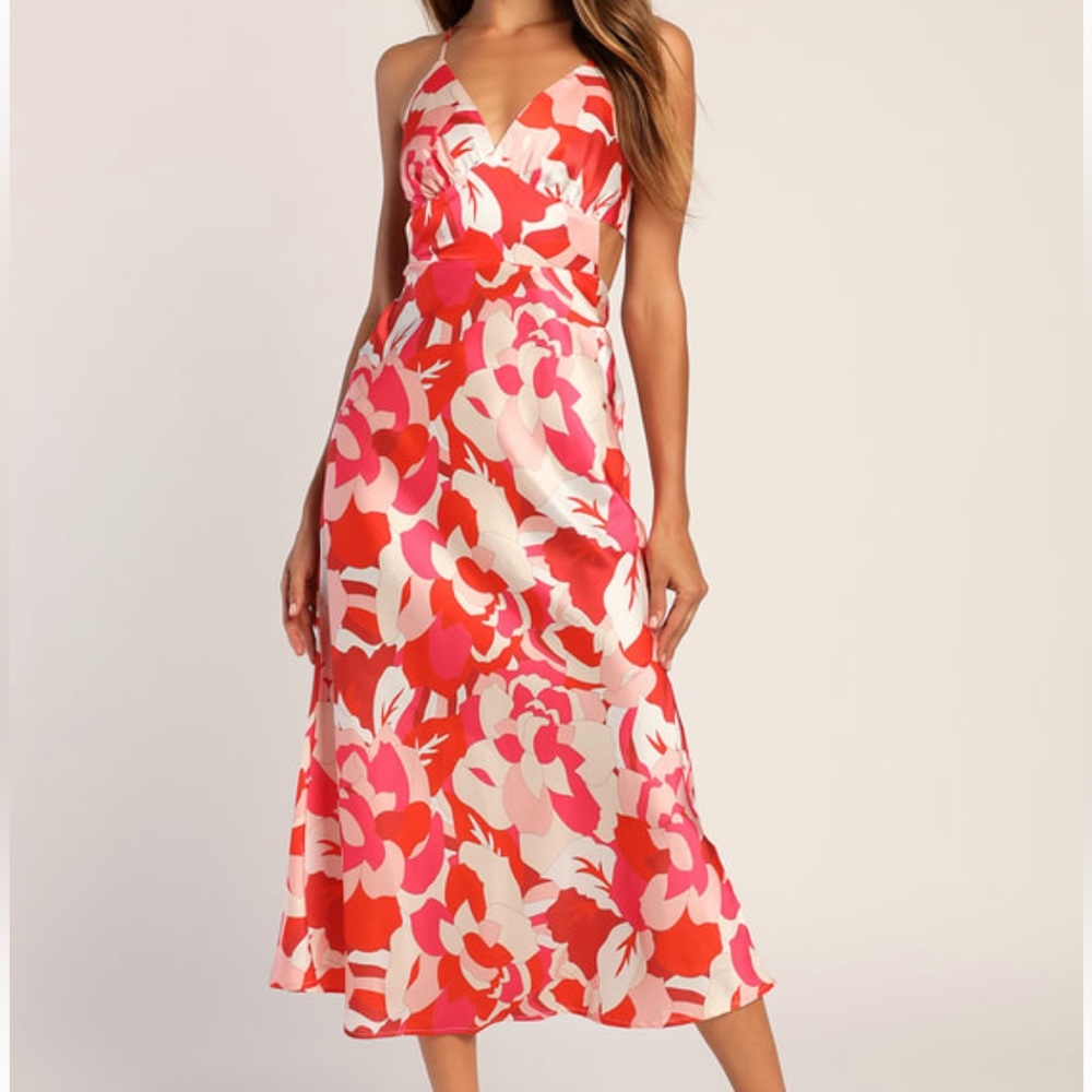 Lulus Pink & Red Floral Satin Midi Dress size Medium